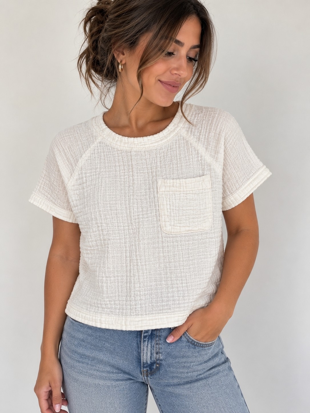Madewell Women's Cream Textured Short-Sleeve Pocket Gauze Tee